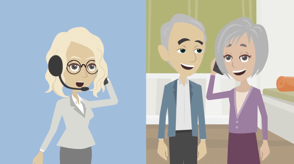 Animated seniors on the phone with customer suport